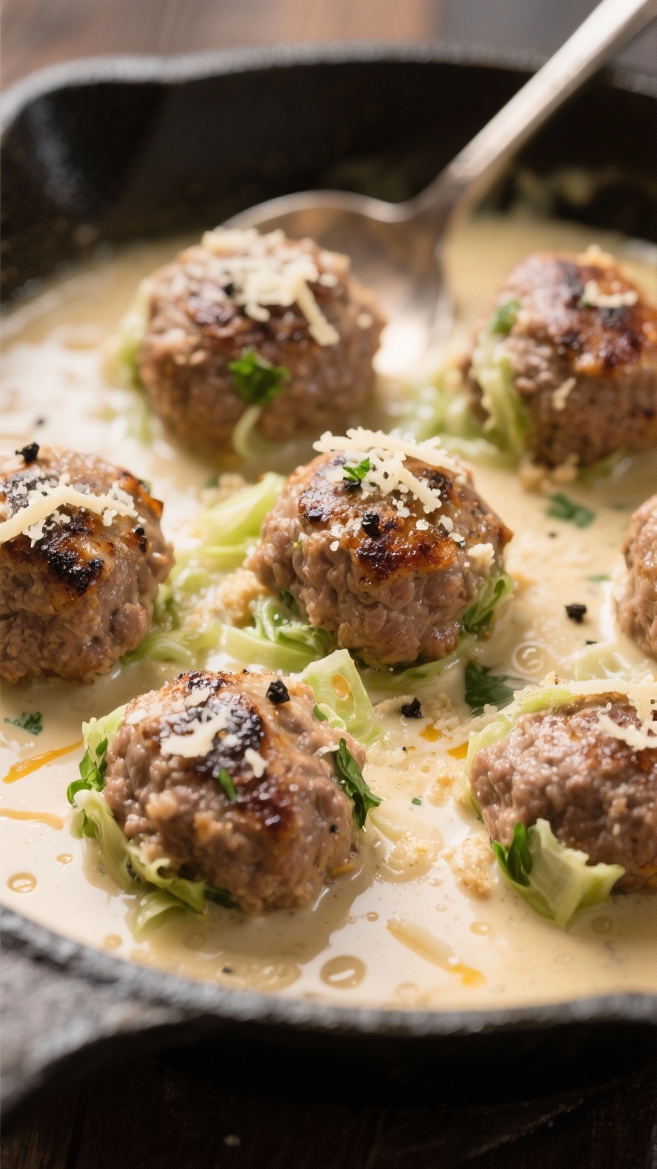 Close-up of seared beef-and-cabbage meatballs nestled in a skillet of velvety Parmesan cream sauce: meatballs made with ground beef, finely shredded green cabbage, breadcrumbs, grated Parmesan, egg, minced garlic, Italian seasoning, salt and pepper; sauce clinging to the meatballs with micro-bubbles and grated Parm melting on top; flecks of black pepper and parsley, spoon trails in the sauce, warm directional light accentuating texture.