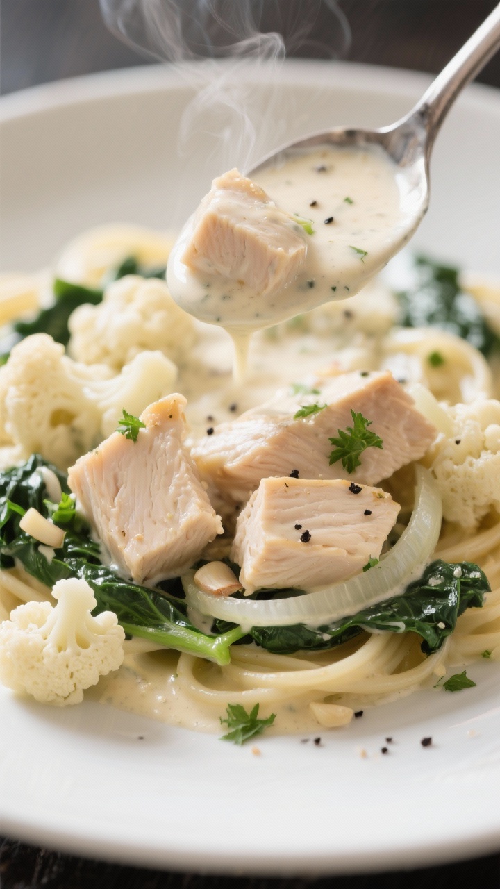 Close-up of Skinny Alfredo Florentine with Cauliflower Cream being spooned onto a plate: succulent cubes of chicken breast and sautéed onion folded into an ultra-silky cauliflower cream sauce made with low-sodium chicken broth, speckled with minced garlic and wilted spinach; luminous, velvety sauce clinging to the chicken, steam visible; minimal garnish of parsley and black pepper, creamy yet light aesthetic.