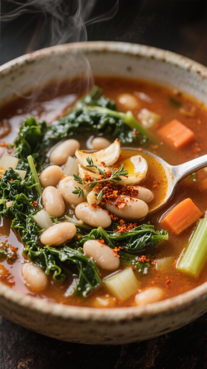 Close-up of smoky white bean and kale soup ladled into a rustic bowl: tender cannellini/white beans, wilted kale ribbons, diced onion, carrot, and celery in a paprika-tinted broth; finishing drizzle of glossy crispy garlic oil made from thinly sliced garlic fried in olive oil; sprinkle of smoked paprika and dried oregano; shot straight-on to emphasize texture and steam.