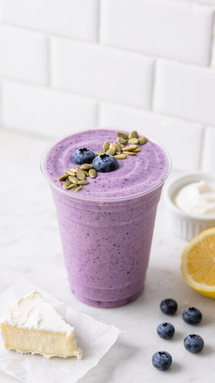 Close-up of the Blueberry Cheesecake Keto Dream smoothie in a short tumbler, luscious lavender-purple tone with a velvety texture. Top with a line of hemp hearts and a couple of frozen blueberries. Style with a small wedge of softened cream cheese on parchment, a dollop of full-fat Greek yogurt in a ramekin, lemon wedge nearby, and scattered blueberries. Bright, clean light on a white tile background to emphasize cheesecake creaminess.