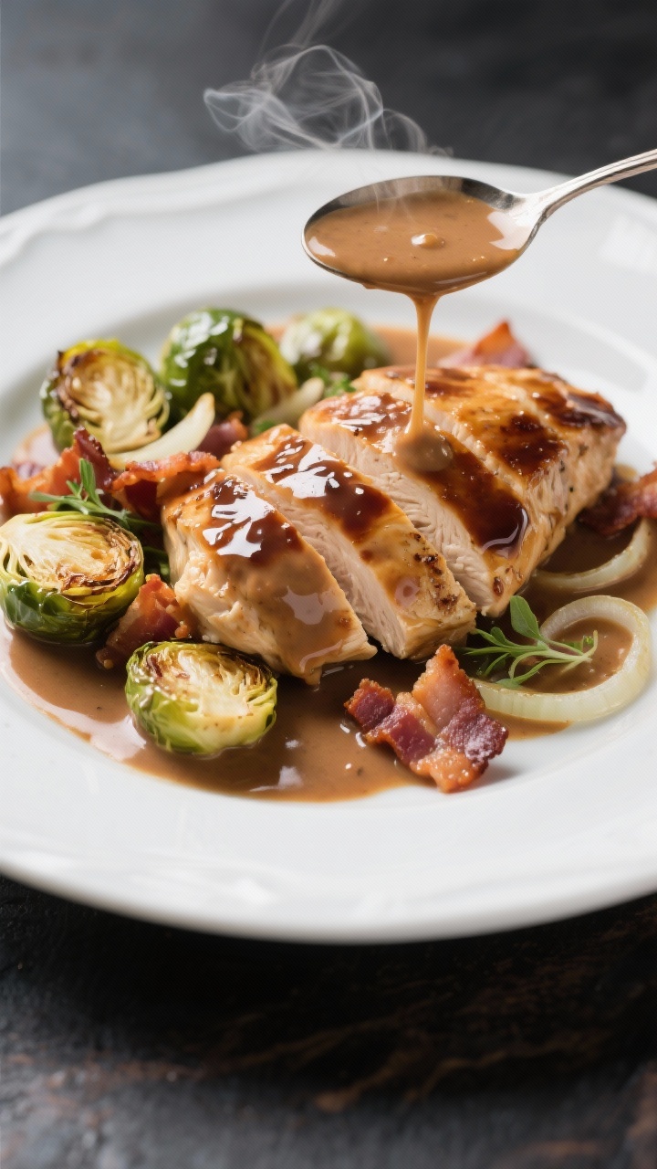 Close-up plated presentation of creamy balsamic chicken with Brussels and bacon: sliced chicken breasts glazed in a glossy balsamic cream sauce, nestled alongside halved roasted Brussels sprouts with crisped edges and chopped thick-cut bacon; thinly sliced shallots visible in the sauce, micro steam rising, sauce spooned artfully with a few drops on the plate rim, shot straight-on to highlight textures and the “weeknight fancy” feel.
