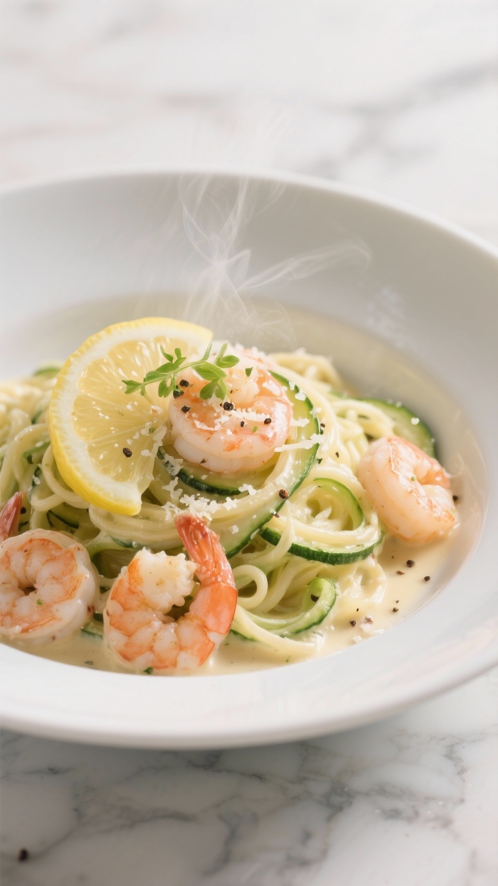 Close-up plated shot of creamy lemon shrimp zoodle Alfredo: twirls of spiralized zucchini “zoodles” coated in silky garlic-lemon cream sauce, topped with seared pink shrimp, flecks of freshly grated Parmesan, micro zests of lemon, and cracked pepper, steam gently rising, sauce clinging to strands, presented in a shallow white bowl on a marble surface, 45-degree angle, clean modern styling.