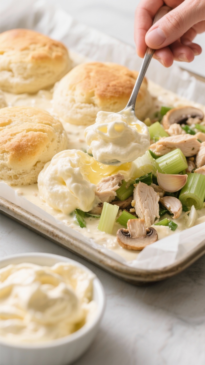 Close-up process shot of keto cloud bread topping being spooned in pillowy mounds over a creamy chicken and vegetable filling: ghee-sautéed leek, chopped celery, mushrooms, garlic, and cubed chicken. Focus on the airy, golden cloud bread texture contrasting with glossy, savory filling beneath. Shot straight-on at baking dish edge, with parchment-lined tray and a small bowl of whipped cloud batter in frame. Clean, bright lighting emphasizing fluff and sheen.