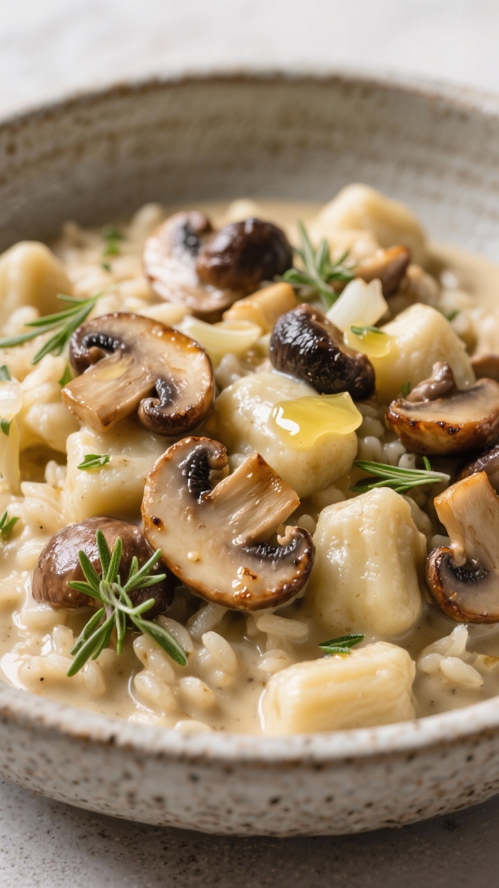 Close-up “risotto-style” Creamy Mushroom and Thyme Keto Gnocchi: gnocchi folded through a creamy mixture of sautéed mixed mushrooms (cremini, shiitake, oyster) in butter and olive oil, with minced shallot and garlic; fresh thyme leaves dotting the glossy sauce; intense umami browning on mushroom edges; served in a textured stoneware bowl with a drizzle of butter sheen; shallow depth of field highlighting silky, spoonable texture and mushroom variety.