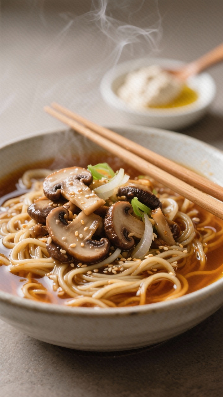 Close-up, shallow depth-of-field capture of umami miso mushroom noodle soup: tangle of glossy noodles submerged in a clear amber miso broth, crowned with an abundant mix of sautéed cremini, shiitake, and oyster mushrooms, thinly sliced onion, and glistening drops of sesame oil; a pair of chopsticks resting on the bowl rim; neutral-toned background with a small dish of white miso and a drizzle spoon of sesame oil blurred in the back; atmospheric steam and rich, savory tones