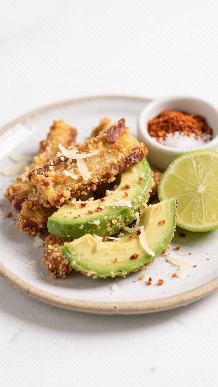 Close-up shot of crispy baked avocado fries on a ceramic plate: thick avocado wedges coated in crushed pork rinds and Parmesan, with lime-chili salt visibly sprinkled. A halved lime and a small pinch bowl of chili powder and flaky salt nearby. Texture-forward lighting to show the crunchy crust and creamy green interior, clean white background.