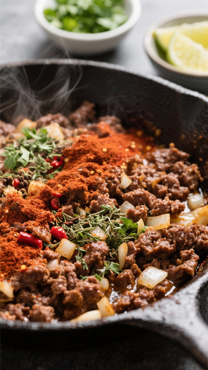 Close-up skillet action of a Zesty Beef Taco Skillet: crumbled 80/20 ground beef browned with finely diced onion and minced garlic, dusted with chili powder, cumin, paprika, cayenne, and dried oregano; spices blooming in a shallow stainless skillet, slight sheen of rendered fat, wisps of steam; small bowls of chopped cilantro and lime wedges in the background to hint at serving.