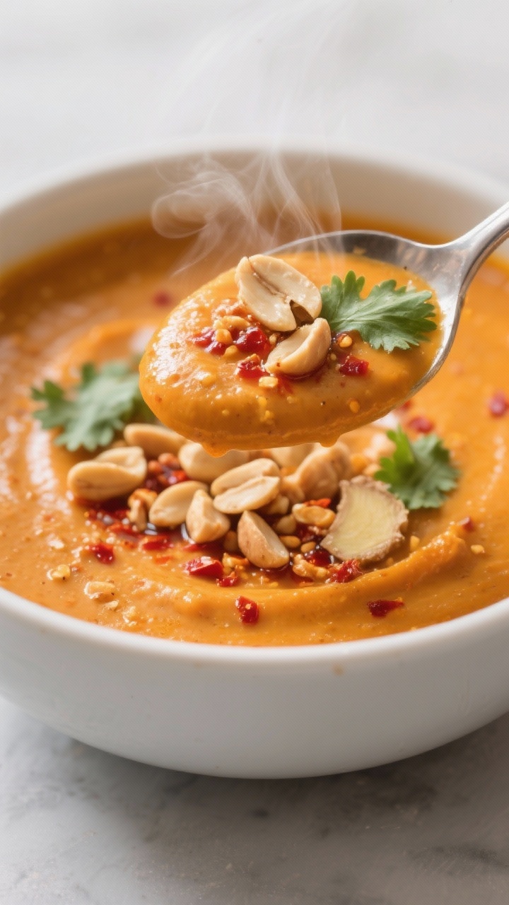 Close-up spoon lift of Spicy Peanut Sweet Potato Soup: creamy orange blend with sweet potato richness and peanut butter body; red curry paste heat; flecks of ginger; topped with chopped peanuts, cilantro, and a drizzle of chili oil; steam visible.
