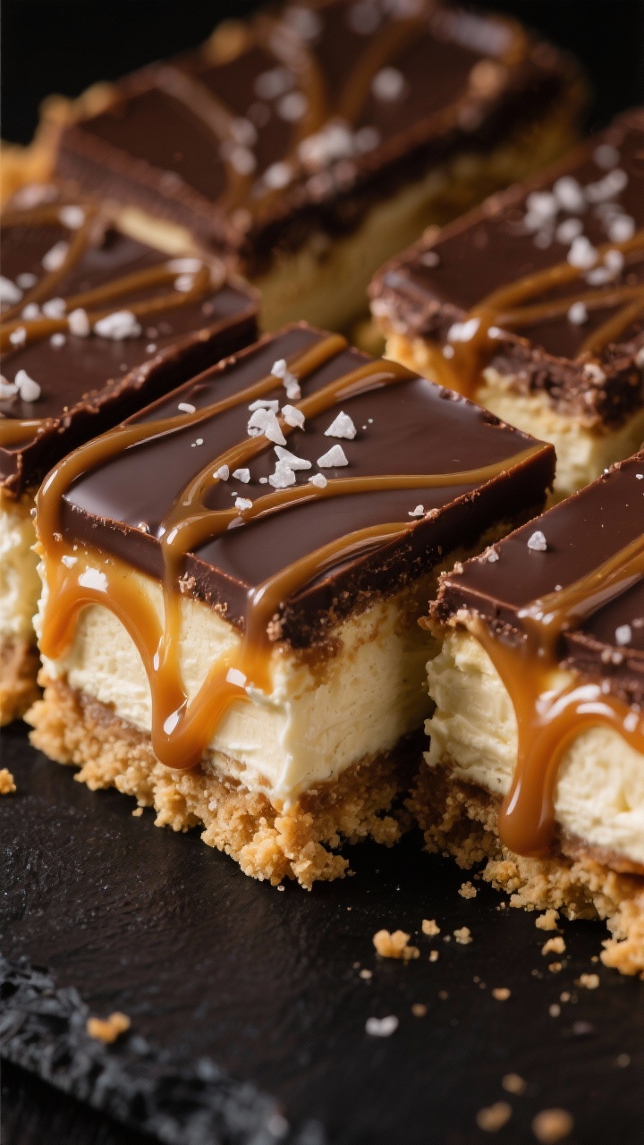 Close-up square crop of salted caramel icebox truffle squares: shortbread crumb crust set with melted butter beneath a lush layer of cream cheese blended with salted caramel sauce and swirled ribbons of extra caramel; glossy semi-sweet chocolate ganache top with a pinch of flaky sea salt; cut edges clean and sharp to reveal layers, rich low-key lighting to emphasize shine and decadence.