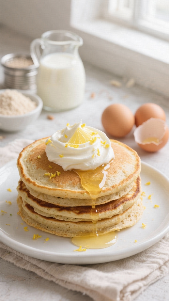Close-up stack of keto almond flour pancakes on a white ceramic plate, golden edges and tender crumb, topped with a generous swirl of lemon-mascarpone cream; lemon zest sprinkled over, a drizzle of melted butter pooling slightly, and a small pitcher of unsweetened almond milk in the background. Ingredients hinted at: fine almond flour and coconut flour in tiny bowls, baking powder tin, and three cracked eggs on a linen napkin, soft window light for a cozy brunch mood.