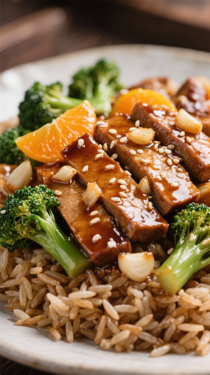 Close-up stir-fry glaze shot: sticky orange-ginger seitan slices lacquered in a shiny citrus-ginger sauce with minced garlic, alongside crisp-tender sesame-kissed broccolini; served over a neat mound of jasmine/brown rice; sesame seeds sprinkled on top; rich, saturated lighting to emphasize the sticky gloss.