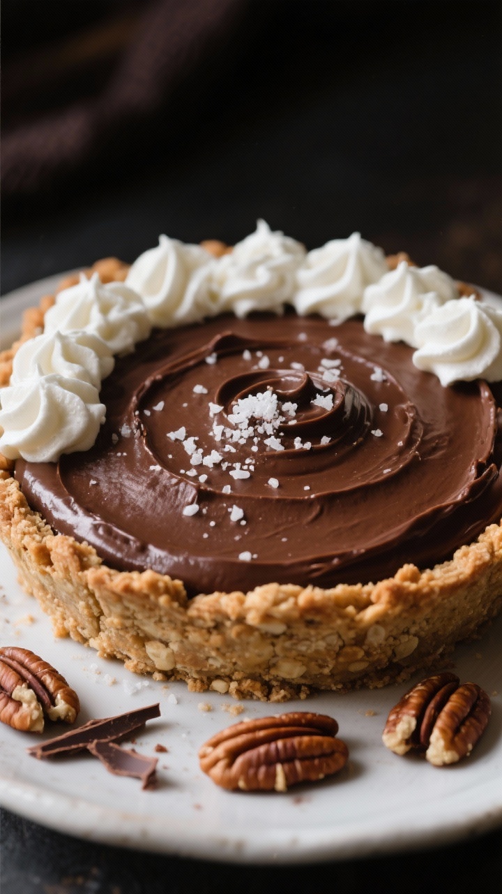 Close-up straight-on shot of a Classic Chocolate Silk Pie with a salted pecan crust: ultra-glossy, dark chocolate mousse filling crowned with soft whipped cream swirls and a light sprinkle of sea salt. The crust is visibly chunky with toasted pecans, almond flour, and granulated erythritol bound by melted butter; a few toasted pecan halves and chocolate shavings on the plate. Moody, rich lighting to accentuate sheen and texture; tight depth of field for indulgent appeal.