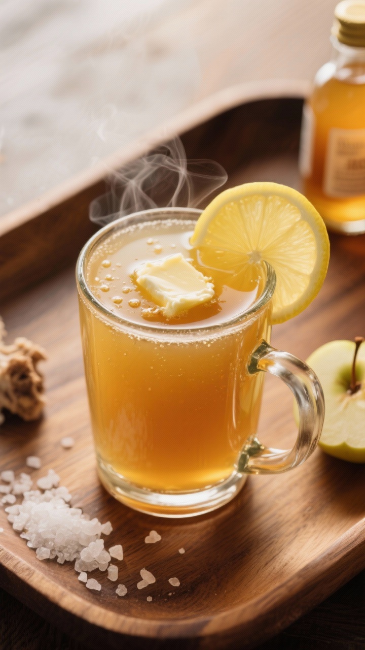 Close-up, straight-on shot of a steaming mug of electrolyte bone broth: low-sodium chicken or beef bone broth in a clear glass mug, with visible droplets of grass-fed butter or a slick of MCT oil melting on the surface. Garnish with a thin slice of lemon resting on the rim, sea salt crystals sprinkled nearby, and a small bottle of apple cider vinegar in soft focus. Warm, cozy lighting, wood tray backdrop, emphasize the golden color, gentle steam, and sheen of fat for an appetizing, restorative feel.