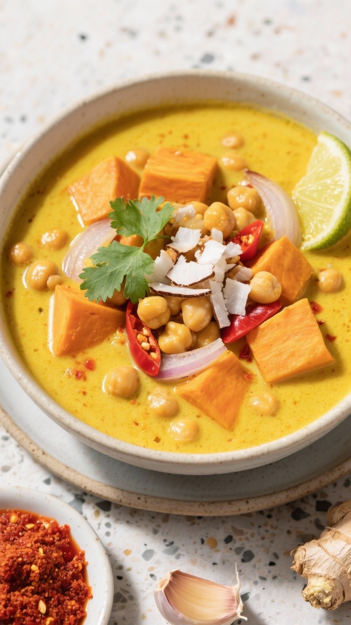 Close-up, straight-on shot of golden coconut curry chickpea soup with sweet potatoes: vibrant turmeric-yellow broth made with coconut milk, featuring tender orange sweet potato cubes, plump chickpeas, translucent onions, and flecks of grated fresh ginger. Red curry paste warmth evident via chili oil sheen; finish with lime wedge on the rim, fresh cilantro, and a sprinkle of toasted coconut. Set in a light ceramic bowl on a speckled stone surface, with a small dish holding red curry paste, a nub of ginger, and garlic cloves partially in frame. Bright, inviting, modern Southeast Asian-inspired styling.