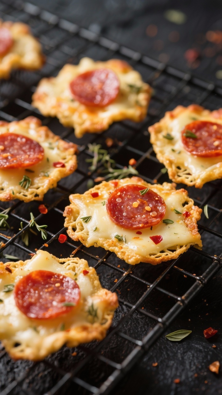Close-up, straight-on shot of pepperoni pizza cheese crisps on a wire rack: lacy, golden edges from mozzarella and Parmesan, speckled with dried oregano, garlic powder, and red pepper flakes. Each crisp topped with a mini pepperoni slice, slight cheese bubbles visible. Dark slate surface for contrast, shallow depth of field to emphasize crunch.