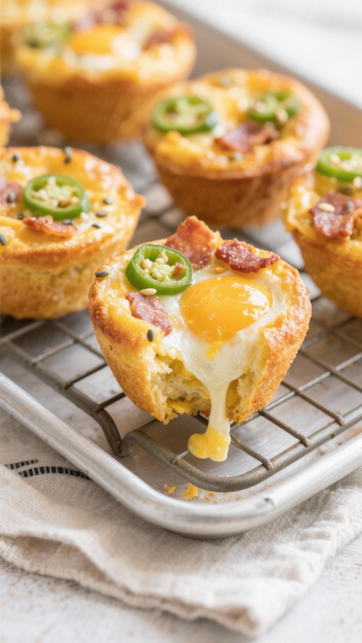 Close-up tray shot of jalapeño cheddar egg muffins fresh from the oven: golden, puffed egg cups studded with melted sharp cheddar, flecks of finely diced seeded jalapeño, and bits of cooked bacon/sausage; one muffin cut open to show gooey cheese pull; cooling rack on a light linen, soft morning light to evoke grab-and-go breakfast.