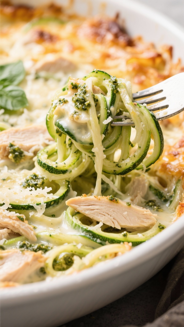 Close-up twirl and pull of pesto chicken zoodle alfredo bake: glossy zucchini zoodles coated in a silky heavy-cream and cream-cheese Alfredo infused with basil pesto, sliced cooked chicken throughout, Parmesan melting into strands; lightly browned cheesy top just cracked open with tongs lifting a nest of zoodles, flecks of basil and Parmesan visible; bright green highlights, crisp focus on saucy sheen.