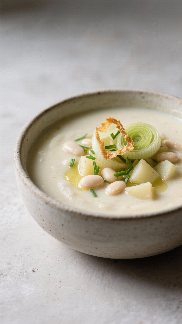Cozy 45-degree image of Creamy White Bean Potato Leek Soup: pale, velvety soup with visible leeks and diced potatoes blended smooth, white beans for creaminess; topped with chive oil and crispy leek ribbons; served in a matte stoneware bowl.