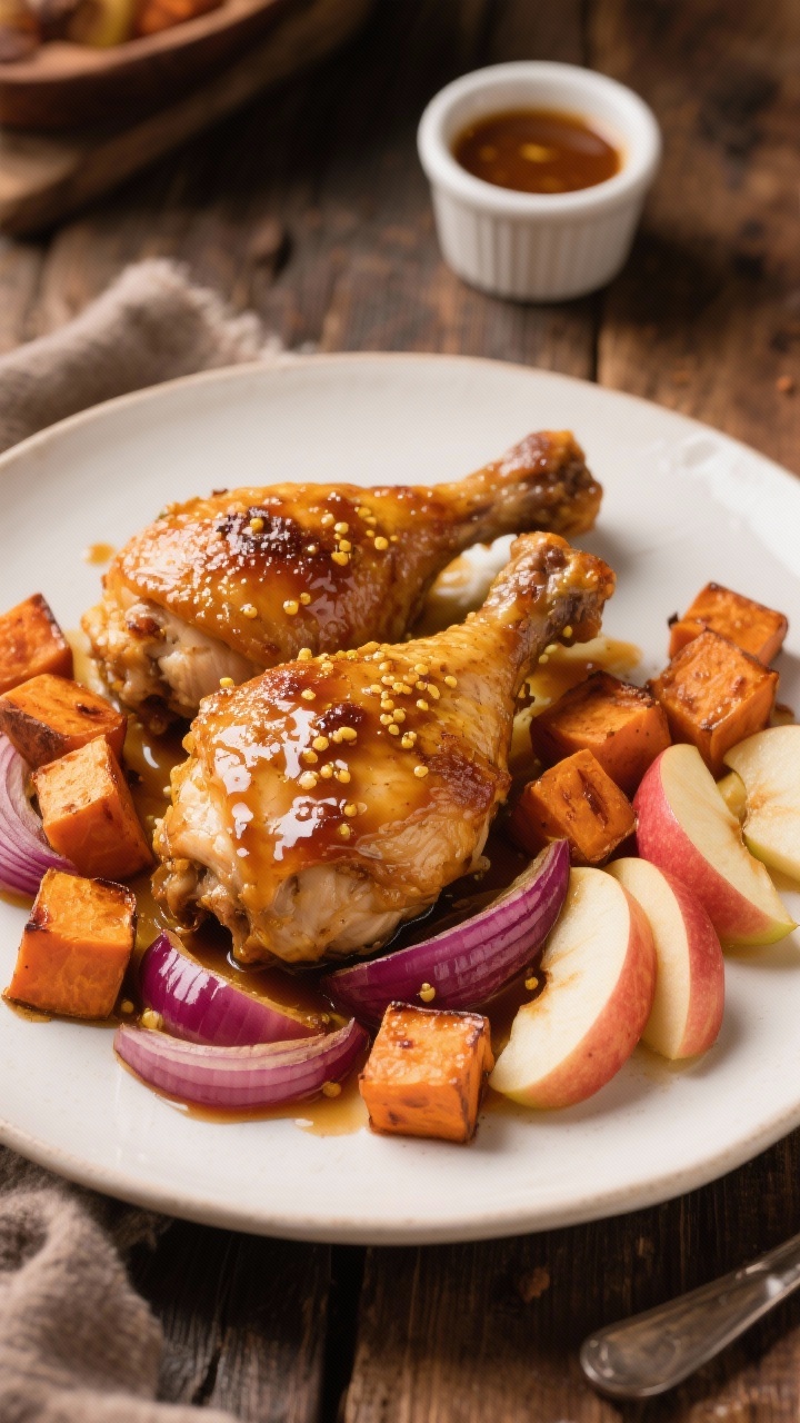 Cozy 45-degree plated scene of maple-mustard chicken with sweet potatoes and apples: golden, crackly-skinned bone-in thighs lacquered with a maple-Dijon glaze, served with caramelized 1-inch sweet potato cubes and Honeycrisp/Pink Lady apple wedges, plus thick red onion wedges roasted to sweetness; warm autumn tones, glossy glaze glints, a small ramekin of extra maple-mustard sauce nearby, set on a rustic wood table for a comfort-night mood.