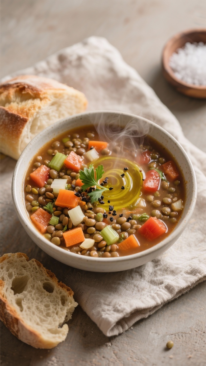 Cozy overhead bowl of Fiber-Loaded Lentil & Veggie Soup: brown/green lentils, diced tomatoes from a can in a rich broth with diced onion, carrots, celery, and minced garlic; a swirl of olive oil on the surface, steam visible; garnished with cracked black pepper and parsley; set on a linen napkin with a piece of crusty bread and a small dish of sea salt; warm, comforting mood.
