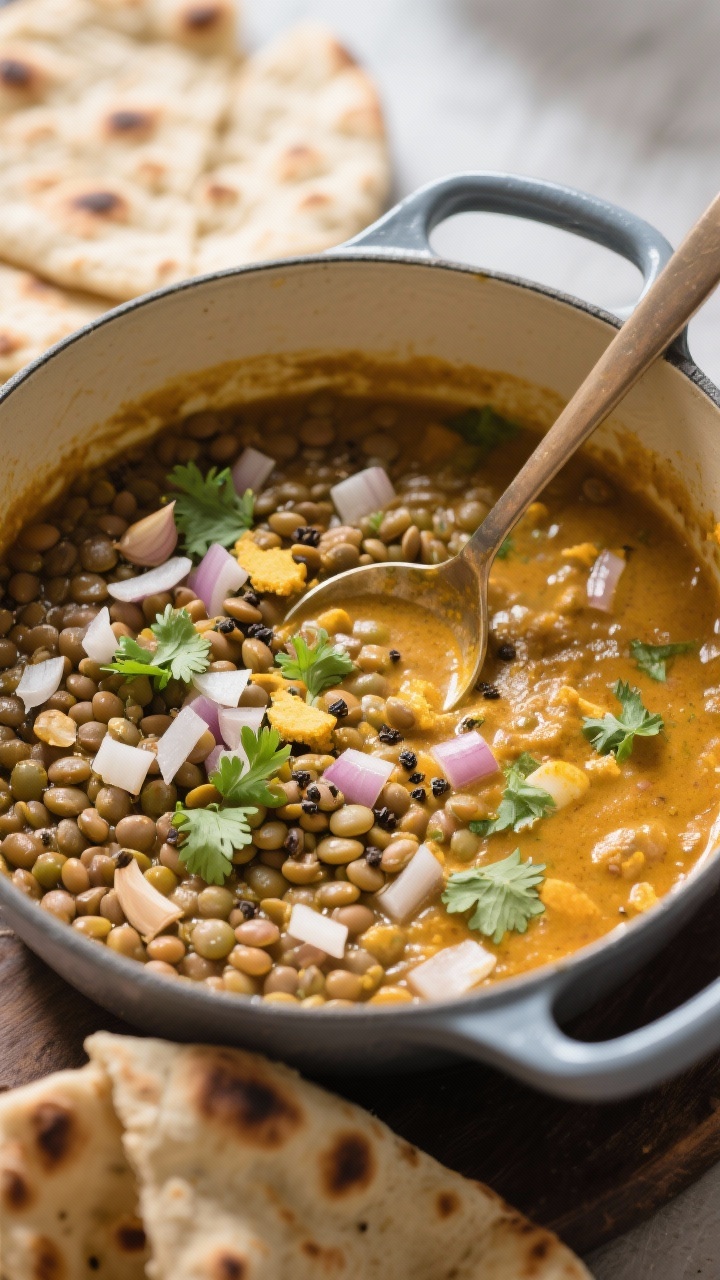 Cozy overhead one-pot shot of lentil coconut curry in a Dutch oven: tender brown or green lentils in a rich coconut base speckled with finely chopped onion, minced garlic, grated ginger, ground coriander, cumin, and turmeric creating a deep golden hue. Ladle resting in the pot, flecks of cilantro and a sprinkle of black pepper on top, with warm naan folded beside the pot. Natural side light emphasizing the velvety texture and hearty lentils.