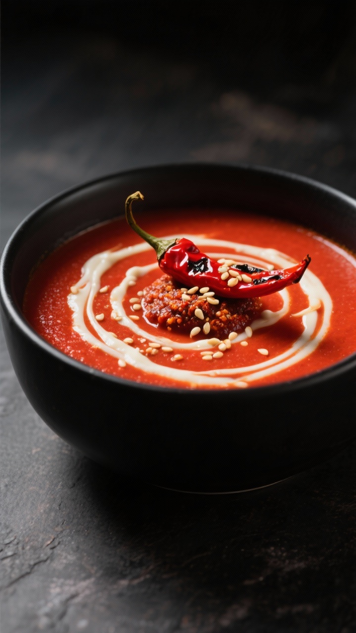 Dramatic 45-degree shot of Harissa Roasted Red Pepper Soup: silky scarlet soup poured into a black bowl, ribbons of coconut or cashew cream swirled on top; harissa dollop, charred roasted red pepper strips, and toasted sesame seeds as garnish; moody backdrop.