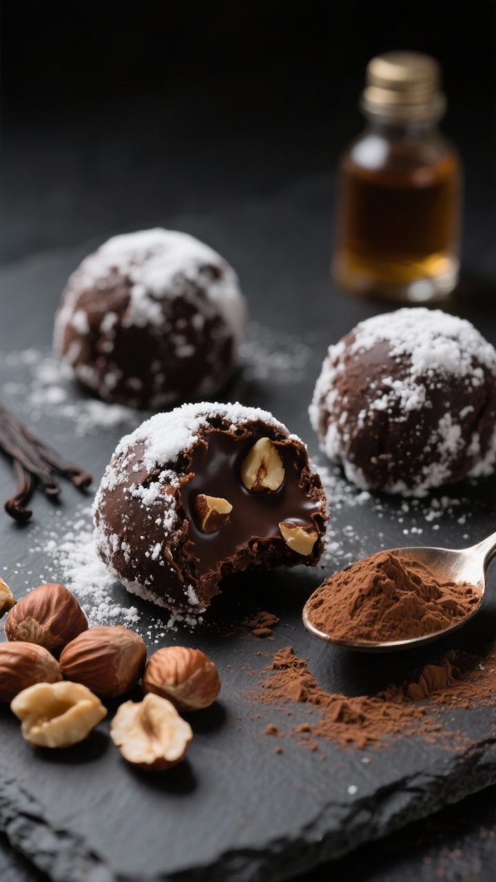 Dramatic close-up of Chocolate Hazelnut Snowballs that resemble truffles: dark cocoa-dusted cookies rolled in powdered sugar with a faint cocoa marbling, one bitten to show a rich chocolatey interior studded with chopped hazelnuts. Include a small pile of toasted hazelnuts, a spoonful of unsweetened cocoa powder, and vanilla extract bottle in the background on a matte dark slate. Moody, low-key lighting with directional highlights to accent sugar sparkle and cocoa dust, shallow depth of field, no people.