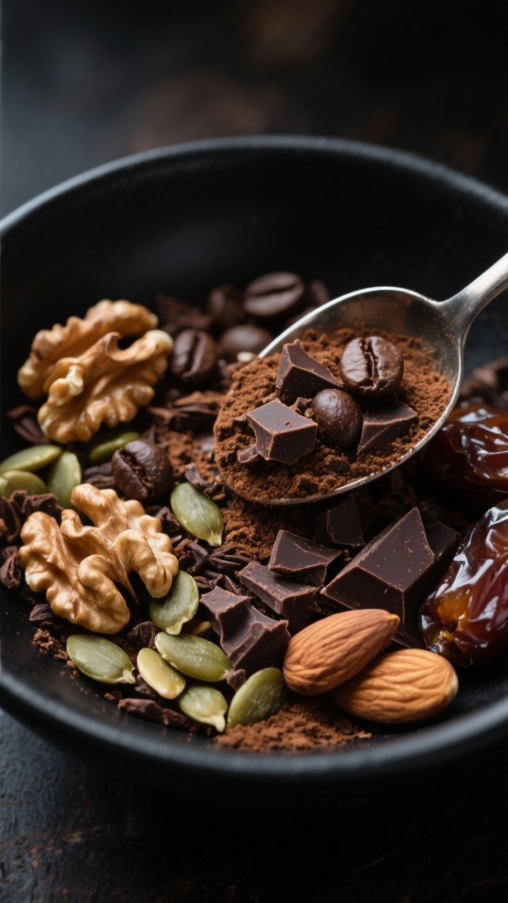 Dramatic close-up of Espresso Dark Chocolate Power Mix being scooped with a small metal scoop from a matte black bowl: walnut halves, roasted unsalted almonds, pumpkin seeds (pepitas), cacao nibs, dark chocolate–covered espresso beans, chopped Medjool dates, and a light dusting of espresso grounds; moody low-key lighting, rich browns and deep greens, shallow depth of field emphasizing glossy chocolate and craggy nuts.