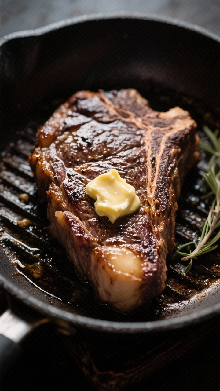 Dramatic close-up, steak in pan: Butter-basted ribeye, 1–