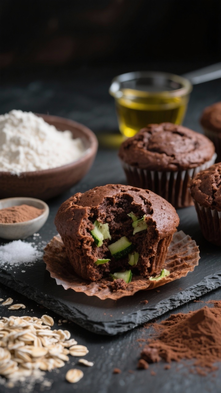 Dramatic straight-on close-up of chocolate zucchini snack muffins on a dark slate, rich cocoa color with a delicate crumb; one muffin torn open to reveal moist interior with fine shreds of zucchini; surrounding props: white whole wheat flour, oat flour, unsweetened cocoa powder, baking powder, baking soda, salt, plain Greek yogurt in a small bowl, a measuring cup with oil; moody lighting, subtle highlights on the chocolate surface, dessert-like allure without frosting, professional detail.