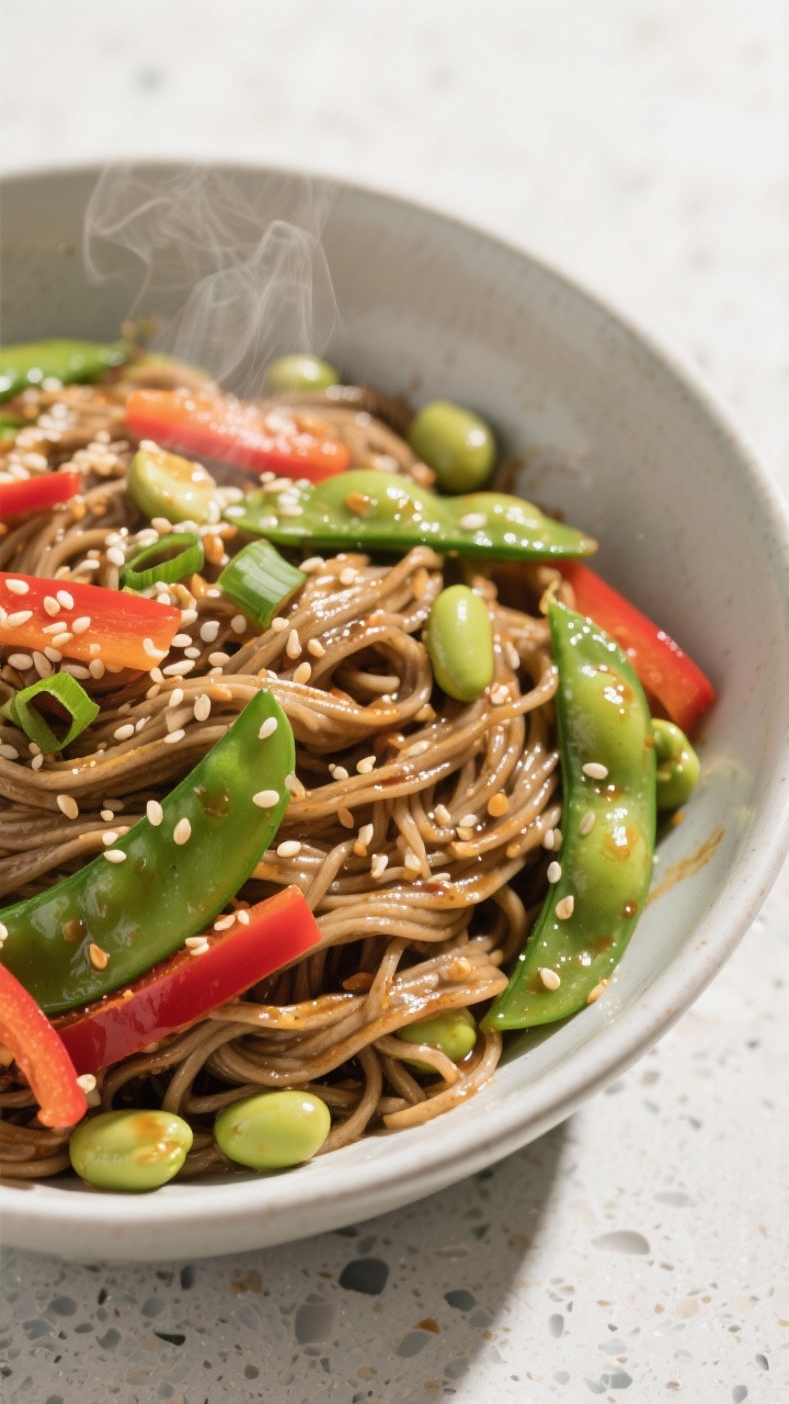 Dynamic 45-degree angle bowl of miso-ginger edamame soba: tangle of soba noodles tossed with a miso-ginger dressing, studded with shelled edamame, halved snap peas, thin red bell pepper strips, sliced green onions; toasted sesame seeds sprinkled generously; steam visible, glossy noodles, minimalist ceramic bowl on a light terrazzo surface.
