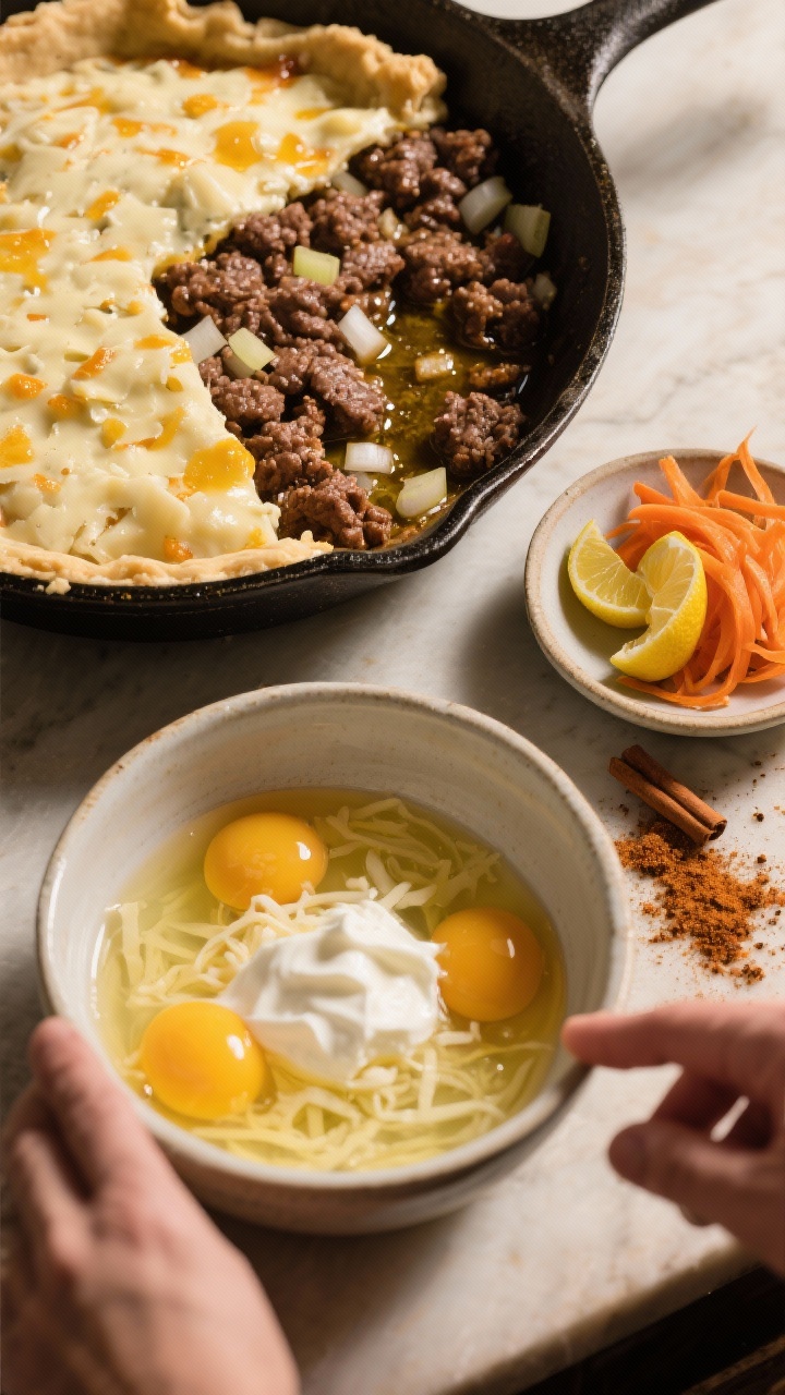 Ingredient and action shot at 3/4 overhead of Moroccan-spiced beef pie mise en place: a mixing bowl of beaten eggs with Greek yogurt and shredded mozzarella (for the crust), a skillet of ground beef glistening in olive oil with finely diced onion, and small dishes of preserved lemon wedges and fermented carrot ribbons ready to fold in. Warm spices scattered on the surface hint at Moroccan flavors. Rich, warm-toned lighting, no hands, emphasizing vivid yellows and oranges and the glossy textures.