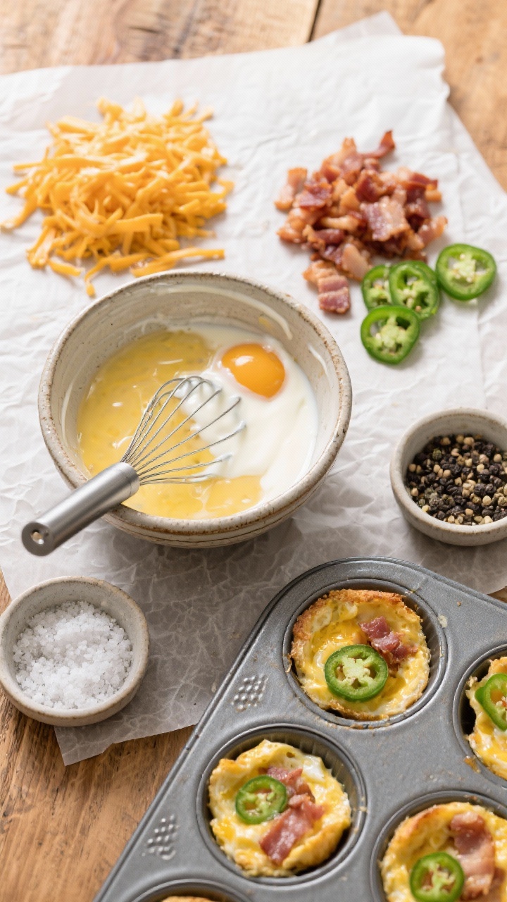 Ingredient-and-prep flat lay for cheddar jalapeño egg muffins: overhead shot of a mixing bowl with whisked eggs and heavy cream, nearby piles of shredded sharp cheddar, chopped cooked bacon, thin jalapeño rounds (seeded), kosher salt and black pepper in pinch bowls; a greased muffin tin partially filled with the egg mixture and toppings; bright, clean lighting on a parchment-lined wooden surface.