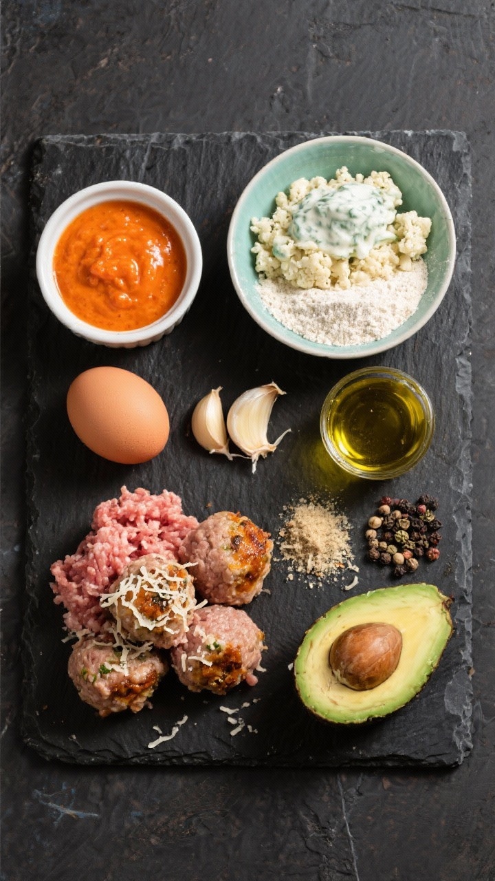 Ingredient prep flat lay: components for creamy buffalo turkey meatballs neatly arranged on a dark slate—ground turkey (93% lean), grated Parmesan, one egg, almond flour, minced garlic, onion powder, kosher salt, black pepper, avocado oil; small ramekin of bright orange buffalo sauce and a separate bowl of ranch cauli rice grains; clean labels implied by arrangement, ready-to-mix, high-contrast overhead.