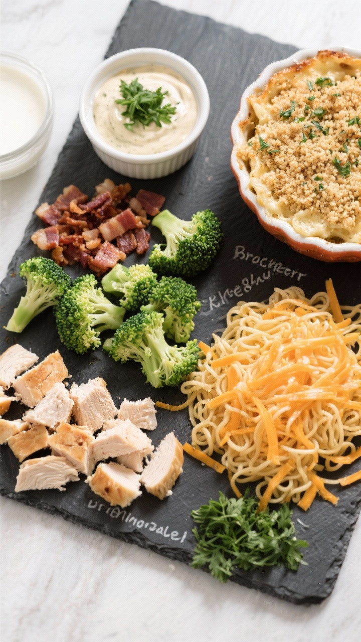 Ingredient prep flat lay for Broccoli Cheddar Ranch Bake With Herby Crunch: neat piles of dry egg noodles, cubed cooked chicken, small broccoli florets, crumbled bacon, a bowl of ranch dressing, a splash of whole milk or half-and-half, and a generous mound of shredded cheddar; a ramekin of herby breadcrumb topping with parsley; arranged on a dark slate board with labels implied by placement; bright, clean light to pop green broccoli and orange cheddar.