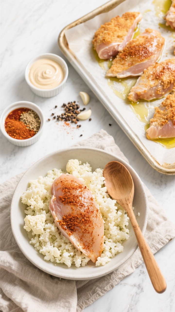 Ingredient-prep overhead flat lay for a crispy cauliflower “rice” chicken bowl: raw boneless skinless chicken thighs rubbed with olive oil, smoked paprika, cumin, garlic powder, onion powder, sea salt and black pepper; a separate bowl of riced cauliflower ready to crisp; small ramekins of spicy mayo components; sheet pan with parchment awaiting the chicken; neutral linen and a wooden spoon for texture; clean, bright meal-prep vibe.