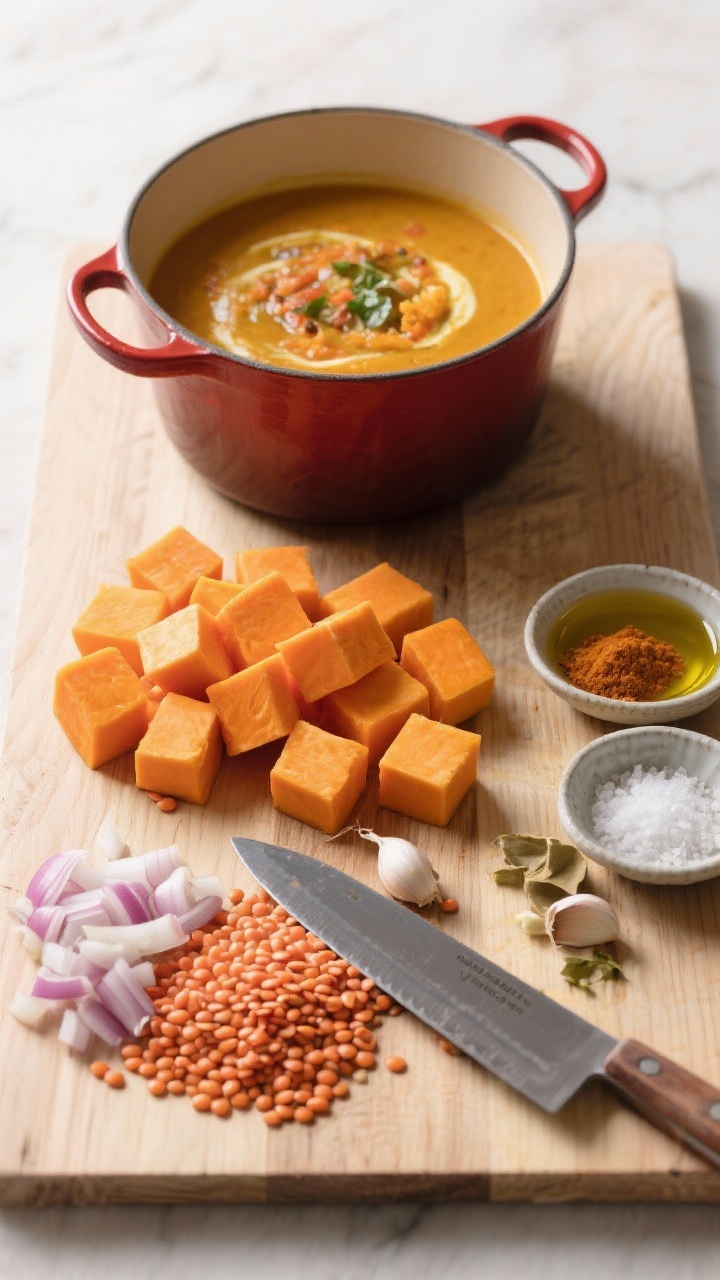 Ingredient prep overhead flat lay for curried butternut and red lentil soup: neatly arranged cubes of bright orange butternut squash, a mound of dry red lentils, chopped onion, minced garlic, small bowls of curry powder and kosher salt, and a drizzle-ready dish of olive oil; clean wooden board with a chef’s knife and a Dutch oven ready to cook; vivid color contrast, crisp lighting, minimal props, professional editorial style