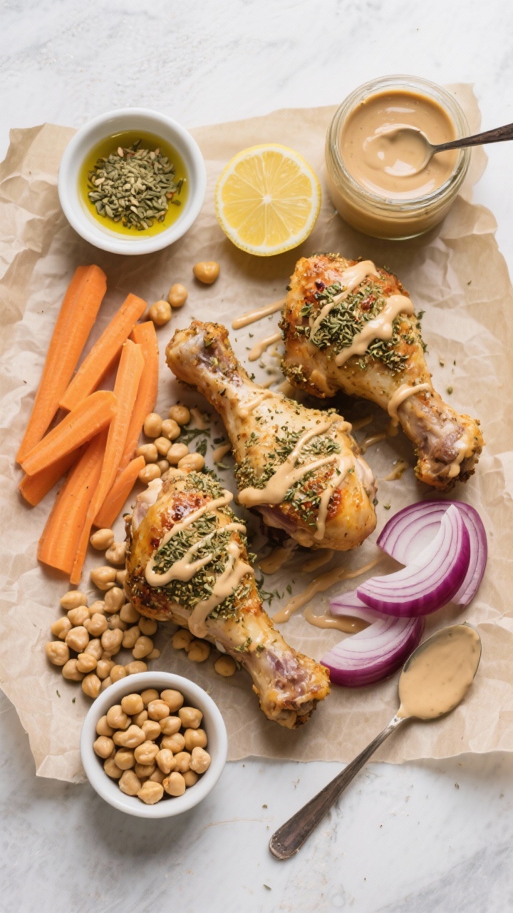 Ingredient-prep overhead flat lay for za’atar chicken with carrots, chickpeas, and tahini drizzle: bone-in chicken drumsticks dusted with za’atar, peeled carrots sliced on a bias, thoroughly dried chickpeas, and red onion wedges arranged on parchment; small bowls of olive oil, extra za’atar, lemon wedges, and a jar of tahini with a spoon ready for drizzling; earthy Middle Eastern palette, clean graphic composition, no hands.