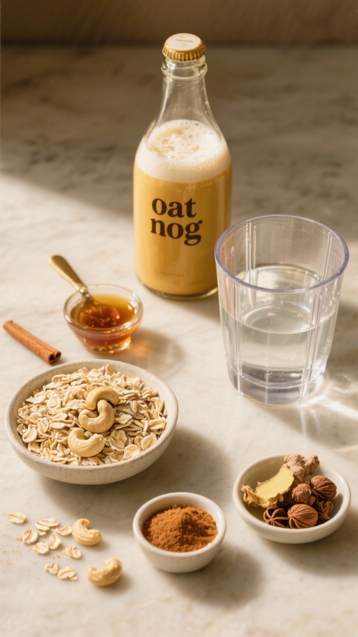 Ingredient prep overhead for Golden Gingerbread Oat Nog: rolled oats, soaked and drained raw cashews, maple syrup, ground cinnamon, ground ginger and nutmeg in small pinch bowls, plus a blender jar half-filled with water; a glass bottle labeled “oat nog” in the background with frothy golden liquid; warm golden styling, clean minimal composition, natural light, focus on creamy texture and spice colors.