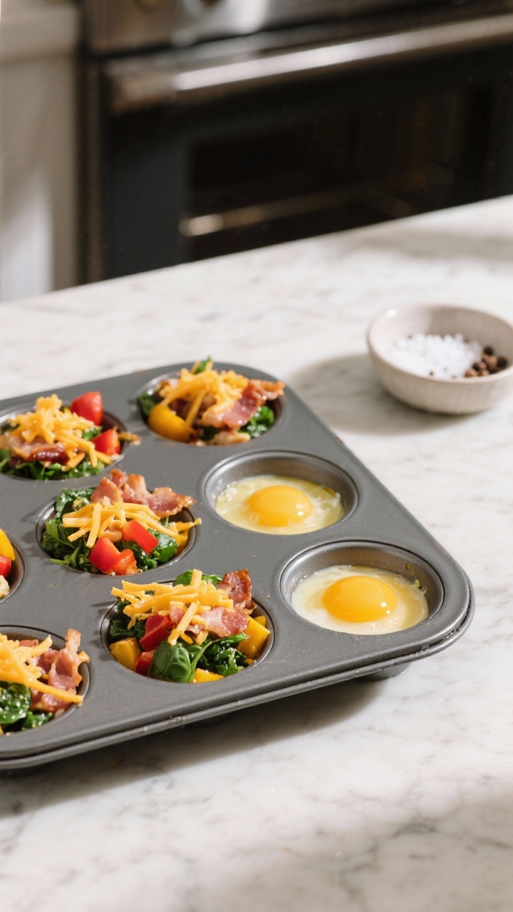 Ingredient prep overhead: muffin tin lined and filled with a colorful mix of whisked eggs, crumbled bacon, chopped spinach, and diced red and yellow bell peppers; grated cheddar sprinkled on top, a small bowl of salt and pepper nearby, pre-oven stage on a light marble counter, bright morning light for a breakfast feel.
