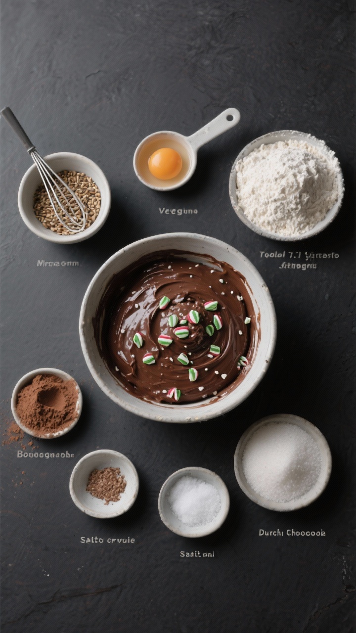 Ingredient prep overhead: Vegan peppermint crinkle mise en place on a matte charcoal backdrop. A small bowl with ground flaxseed whisked with warm water forming a flax egg, a scoop of all-purpose flour (or 1:1 gluten-free blend), Dutch-process cocoa powder, baking powder, fine sea salt, and granulated sugar arranged in clean semicircles. In the center, a mixing bowl of glossy, plant-based chocolate dough speckled with peppermint crystals, ready for chilling. Minimalist, modern styling with labeled pinch bowls; soft diffused light for a clean vegan aesthetic.