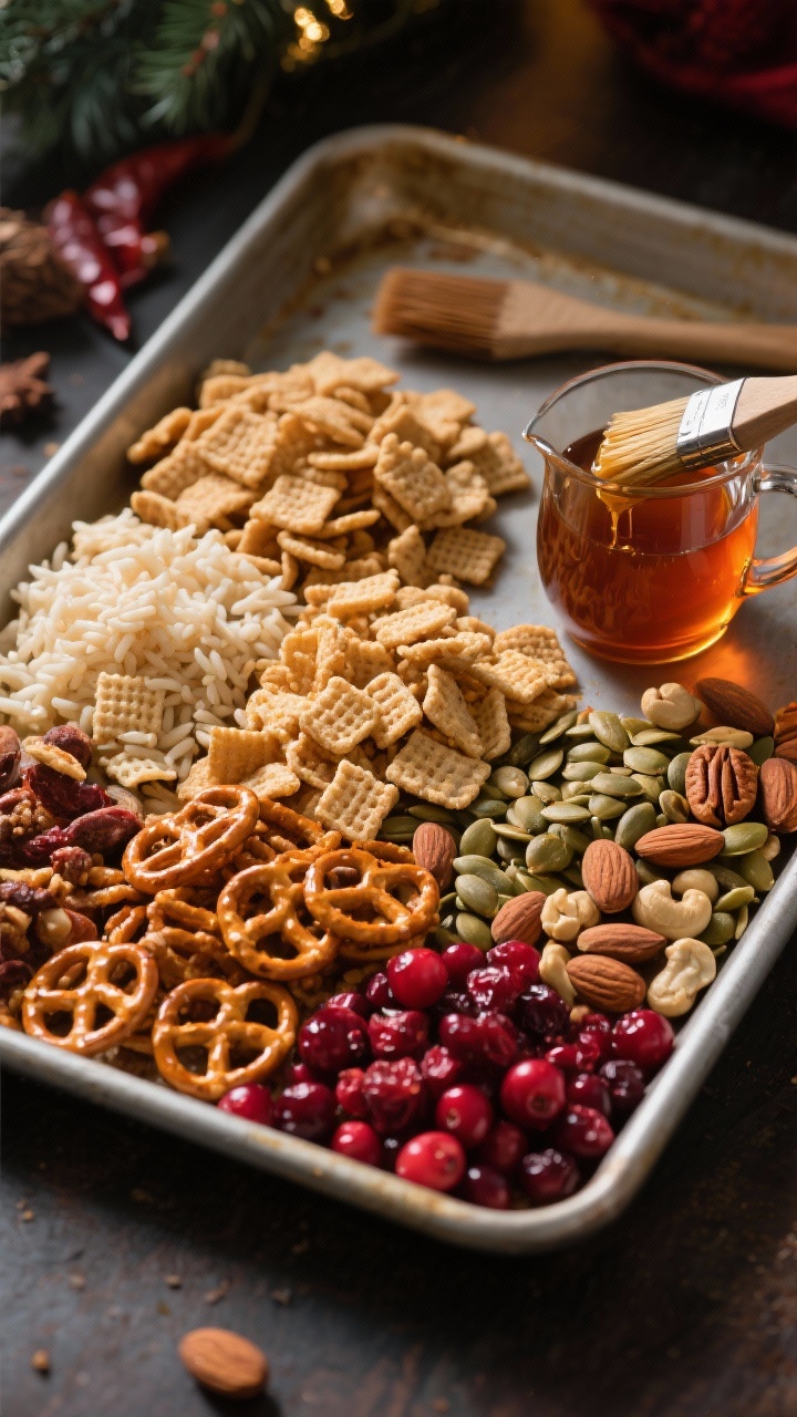 Ingredient prep shot for the Maple-Chile Nutty Snack Mix at a 45-degree angle: neat piles of 3 cups rice Chex, 2 cups wheat squares cereal, 2 cups mini pretzel twists, 2 cups mixed nuts (almonds, cashews, pecans), 1 cup pepitas, 1/2 cup dried cranberries on a rimmed sheet pan; a small glass pitcher of warm maple-chile glaze (maple syrup with chile heat) ready to pour, with a pastry brush nearby; warm, moody lighting to highlight toasted tones, cranberries adding ruby pops; emphasize rustic holiday coziness and the soon-to-roast vibe.