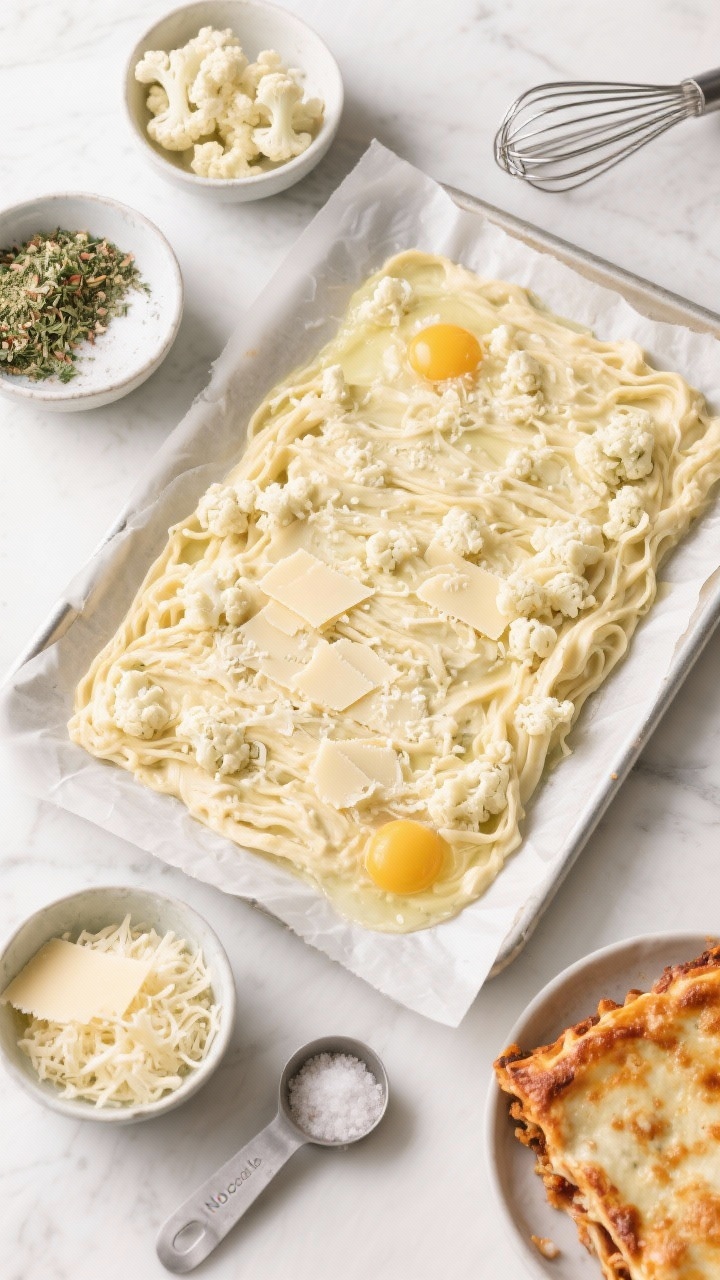 Ingredient-process overhead for Cauli-Parm “Noodle” Lasagna: on parchment-lined sheet, an even rectangle of cauli noodle mixture (riced cauliflower, eggs, grated Parmesan, shredded mozzarella, Italian seasoning, salt) pressed thin and ready to bake; bowls of each ingredient arranged neatly around, a whisk and measuring spoons present; after-bake inset corner shows lightly browned, crispy-edged sheet; clean, bright kitchen light emphasizing texture.