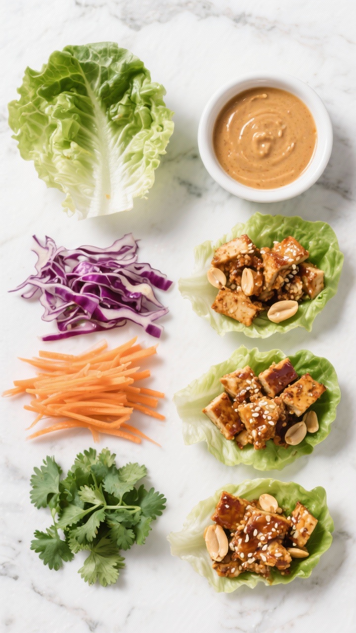 Ingredient-to-assembly flat lay: spicy peanut tempeh lettuce wraps components arranged neatly—crumbled tempeh coated in glossy peanut-sesame-ginger-garlic sauce, shredded carrots, shredded purple cabbage, chopped cilantro, crisp butter lettuce cups; small ramekin of extra peanut sauce; bright, fresh, and crunchy vibe on a white quartz surface.