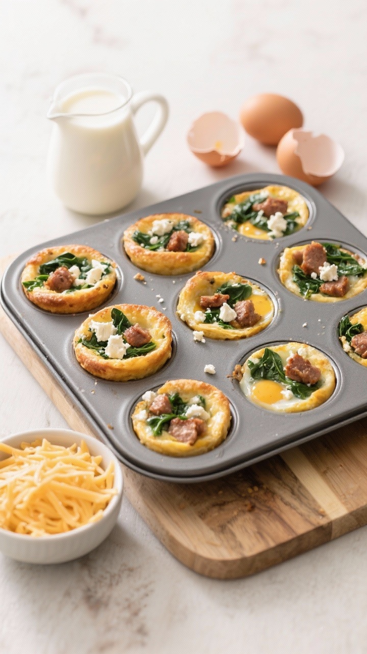 Ingredient-to-final prep board, 45-degree: a nonstick muffin tin filled with sausage, spinach & feta egg muffins—golden tops with visible crumbled feta and flecks of chopped spinach, bits of browned breakfast sausage; a small pitcher showing heavy cream, cracked eggshells, and a bowl of shredded cheese nearby to suggest the 10-egg mixture; clean, bright morning light, grab-and-go mood on a light wood surface.