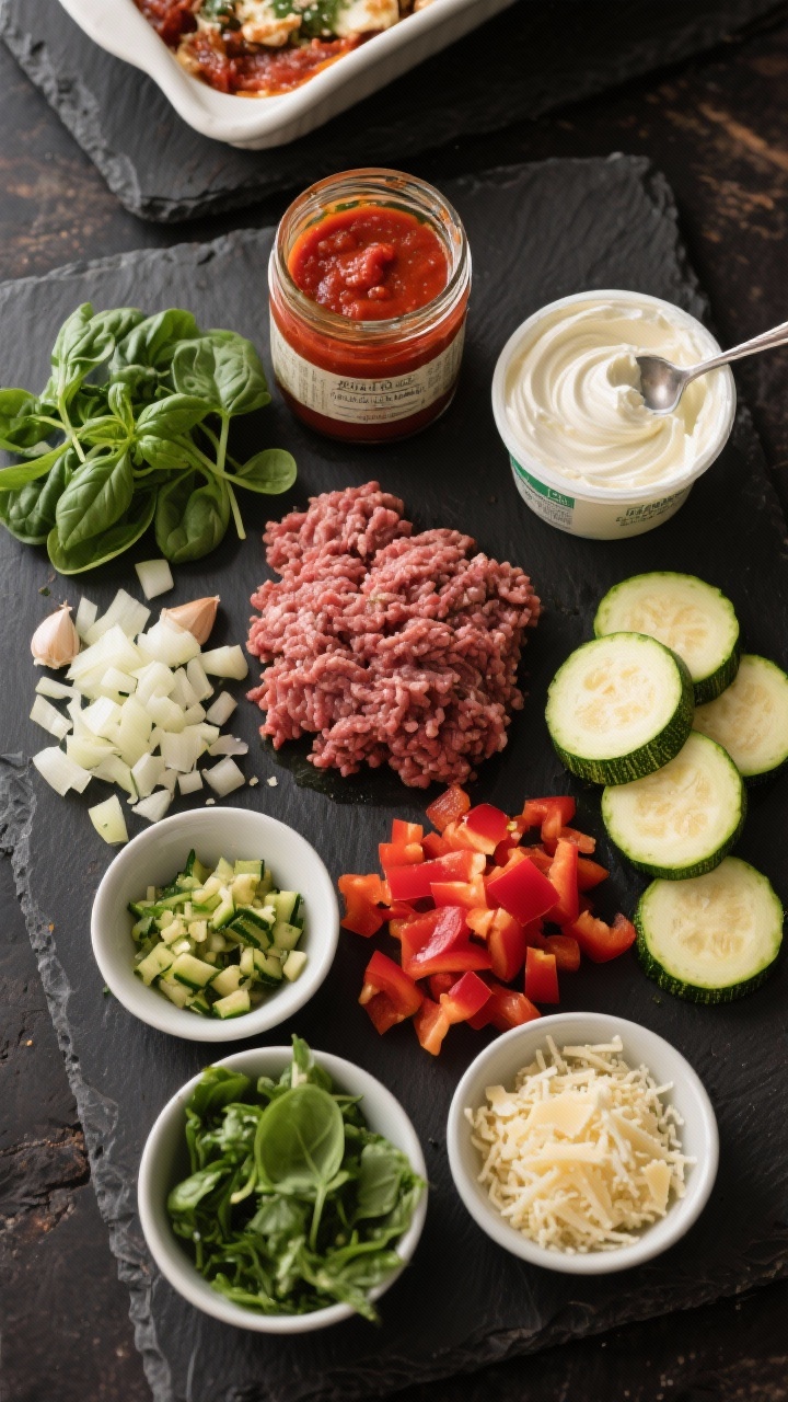 Ingredients-prep overhead layout for veggie-packed Italian beef zucchini bake: neat arrangement of raw components on a dark slate—ground beef, diced onion, minced garlic, half-moon sliced zucchinis, diced red bell pepper, roughly chopped baby spinach, an open jar of marinara, a tub of ricotta with a spoon for swirls, shredded mozzarella and parmesan in small bowls, fresh basil; clean, vibrant Italian palette ready for assembly, soft side lighting.