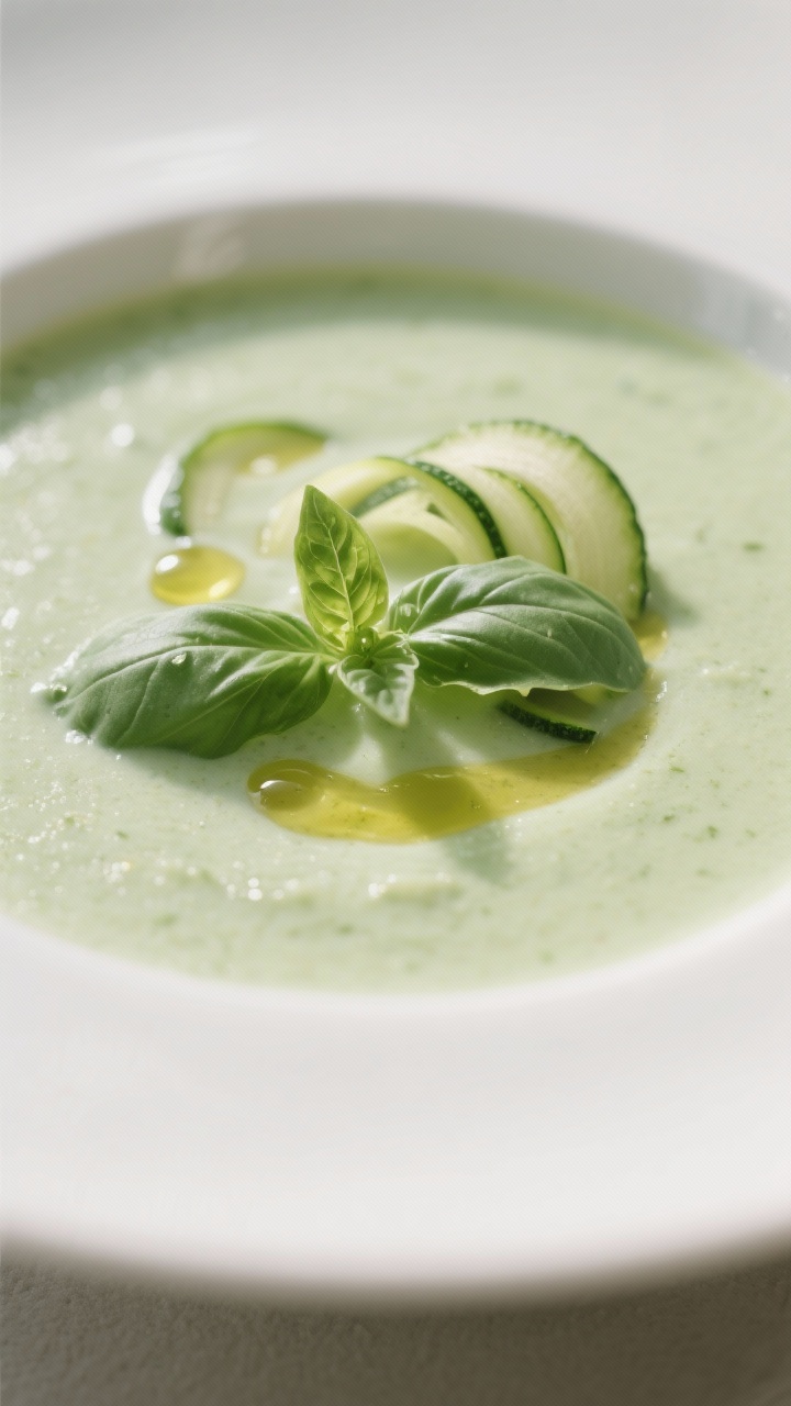 Minimal close-up of Quick Creamy Zucchini Basil Soup: pale green, velvety texture with coconut or plant milk; basil leaves layered on top, olive oil drops catching light; thin zucchini ribbons as garnish; neutral backdrop for color pop.