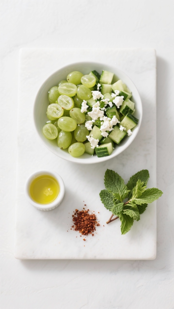 Minimalist overhead ingredient-first composition for minty cucumber grape salad: neat piles of halved seedless green grapes, diced English cucumber, crumbled feta, chopped fresh mint, a small pool of olive oil, lemon juice in a ramekin, and a pinch of sumac; arranged on a white board with a shallow bowl ready for mixing; clean, bright lighting to emphasize freshness.
