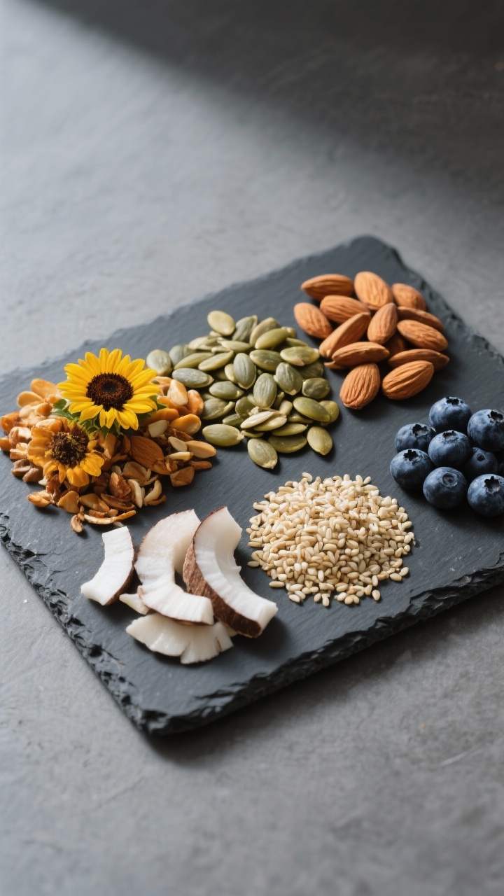 Minimalist overhead ingredient showcase for Super-Seed Antioxidant Mix on a dark slate board: neat piles of roasted pumpkin seeds, roasted sunflower seeds, sliced almonds, hemp hearts, toasted sesame seeds, unsweetened coconut chips, and a small mound of dried blueberries; cool diffused light, clean lines, high detail on seed textures, modern healthy aesthetic.