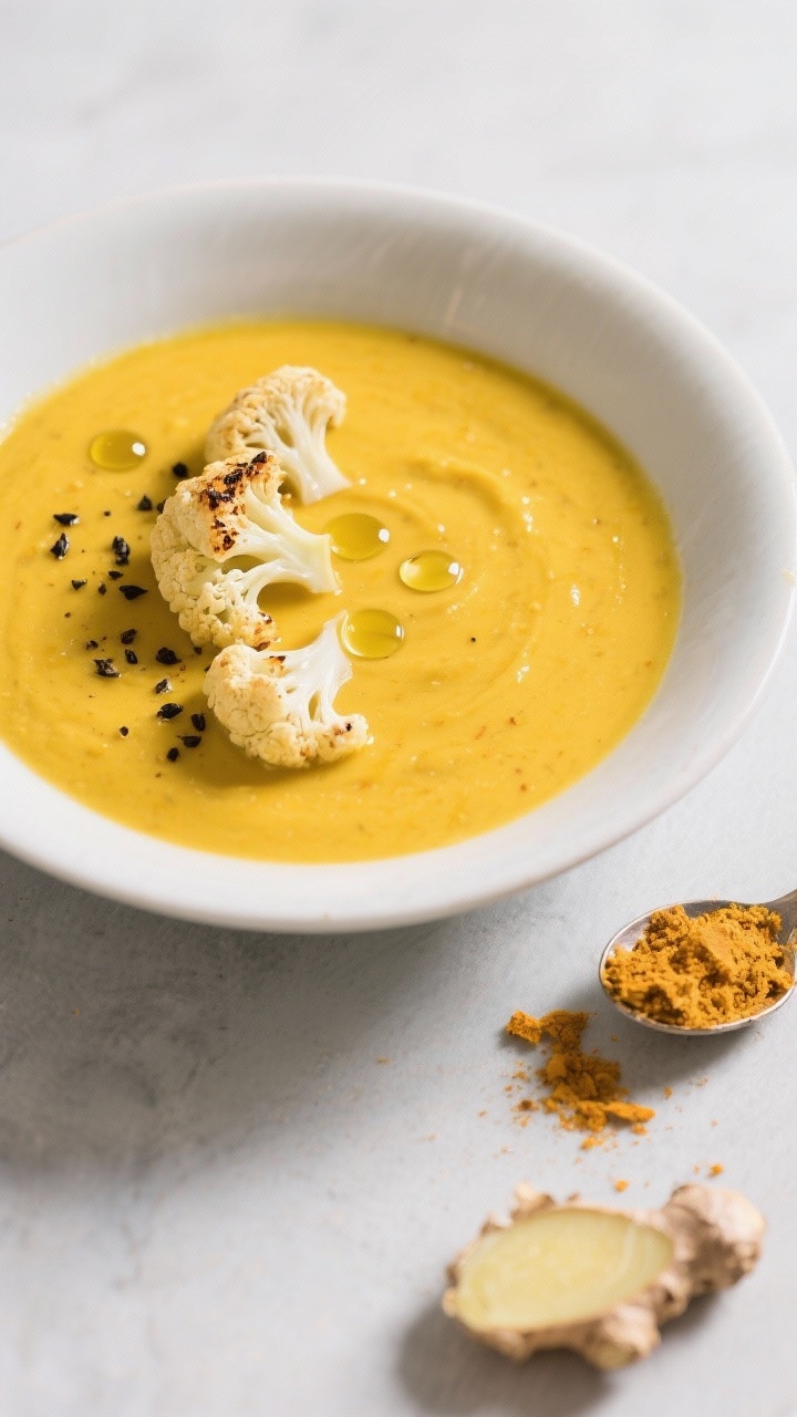 Minimalist overhead of Golden Turmeric Cauliflower Soup: smooth, bright yellow puree with flecks of ginger and turmeric; roasted cauliflower florets stacked as garnish, black pepper and olive oil droplets on the surface; served with a small heap of grated ginger and turmeric spoon on the side.